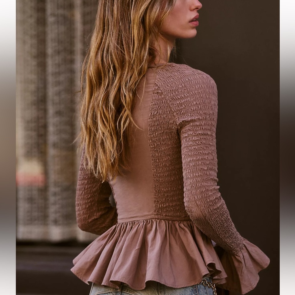 Free People Tropical Vibes Smocked Peplum Long Sleeve Top-Brown - Picture 2 of 8